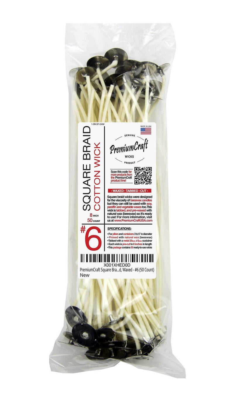PremiumCraft Square Braid Cotton Candle Wick - #6, Tabbed, Waxed (50 Count)
